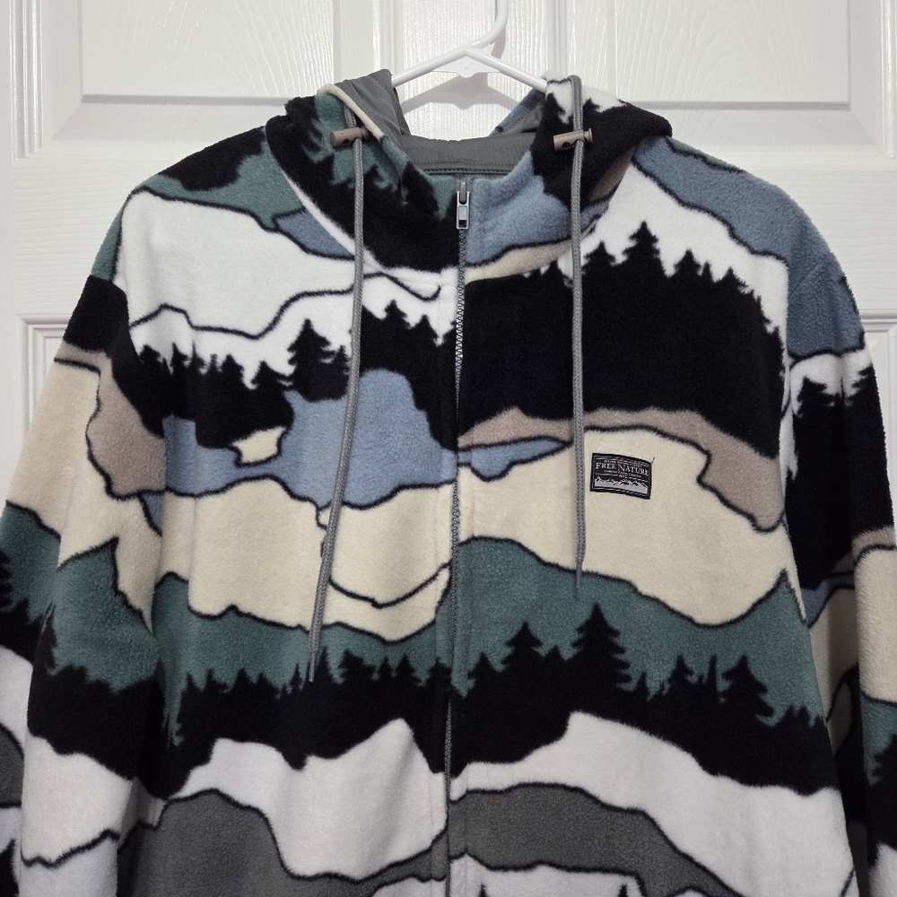 Free Nature Mountain Pattern Full Zip up Polar Fleece Hooded Jacket Size Large - Picture 5 of 13